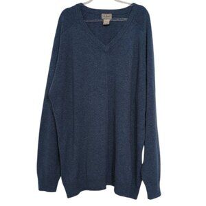 LL Bean 100% Lambswool Sweater Mens Size XXL Tall Blue Knit V Neck Long Sleeve